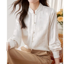 Women Retro Mulberry Silk Blouse Long Sleeve Button Down Shirt Work Office Tops