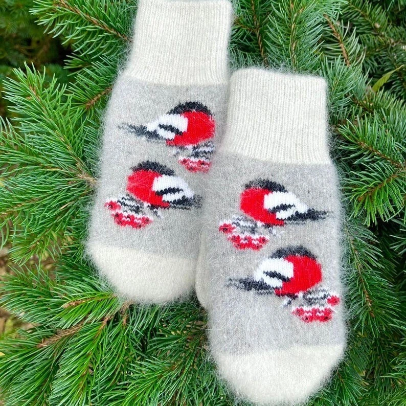 Mitones cálidos de invierno de angora para mujer | Mitones de punto 100 % lana de angora natural Foto 3 de 4