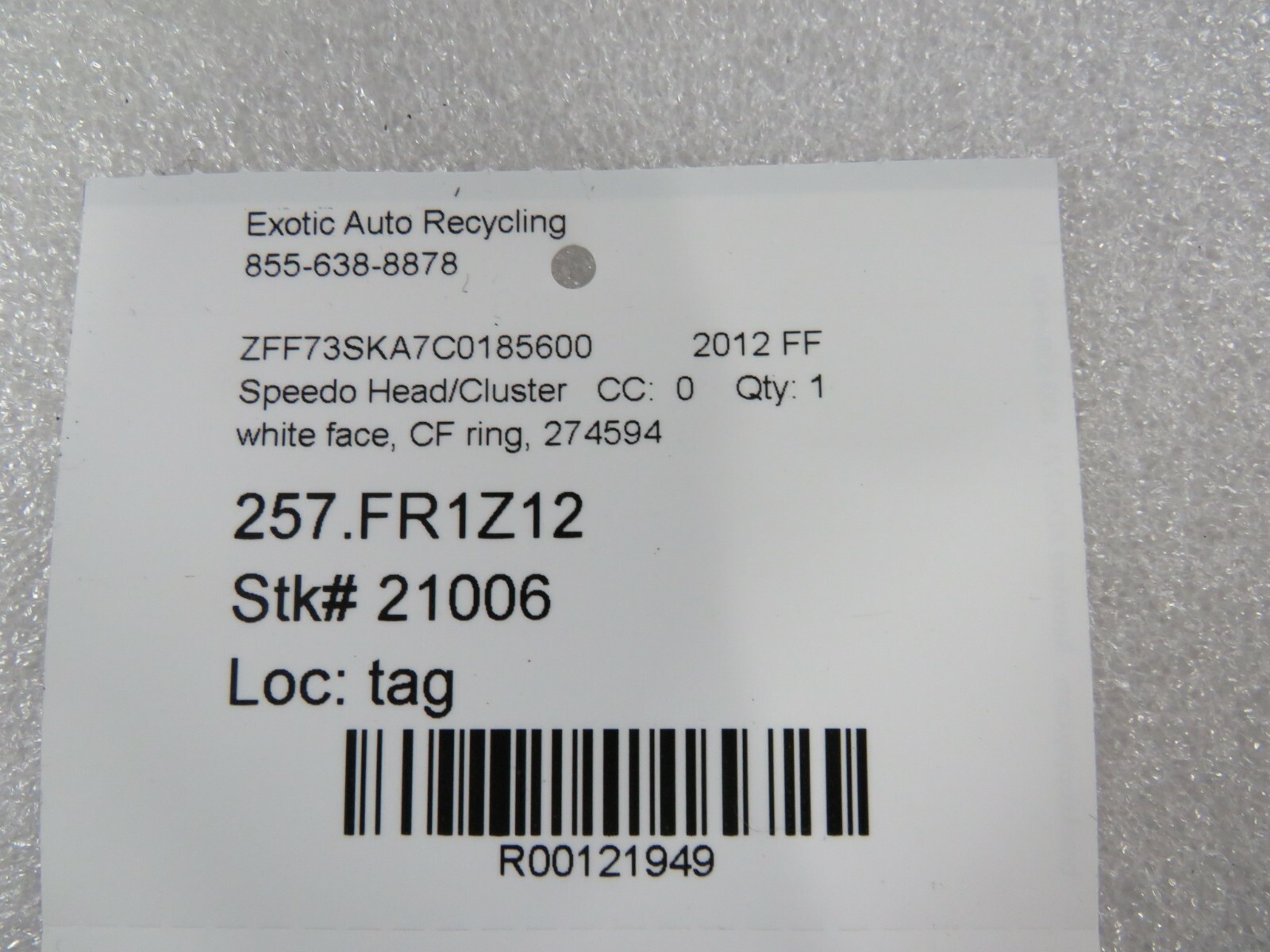 Ferrari FF, Speedometer Head Cluster, Carbon Fiber Ring, Used, P/N 274594