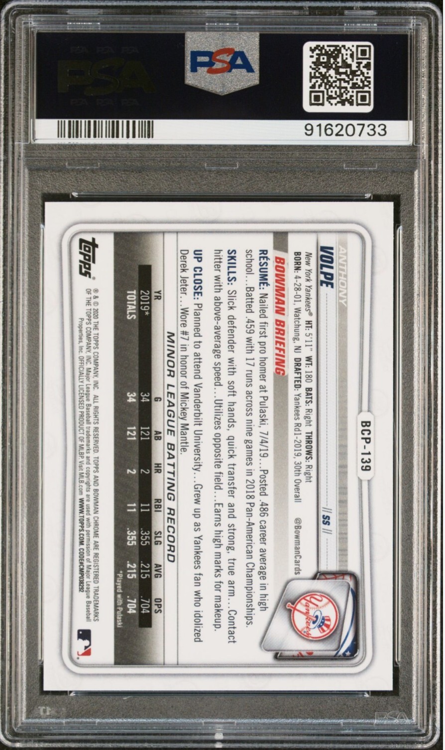 2020 Bowman Chrome Anthony Volpe #BCP-139 1ST PROSPECT New York Yankees PSA 10💎 view 8