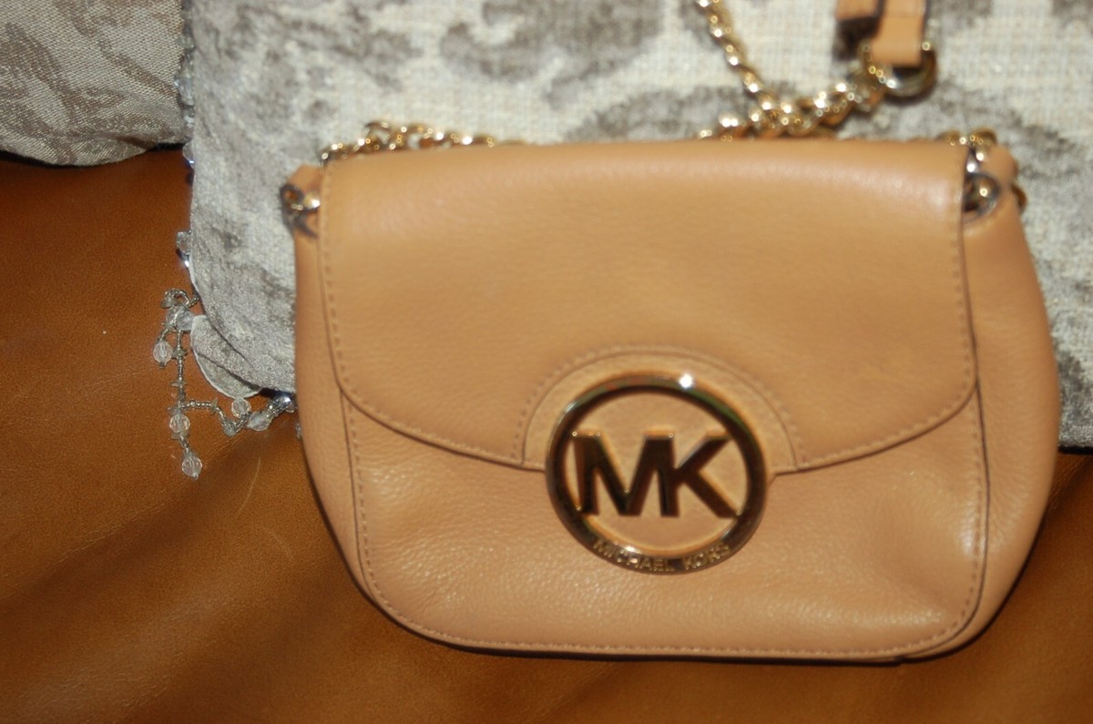 MICHAEL KORS SMALL FLAP CROSSBODY CARAMEL BROWN LEATHER GOLD CHAIN