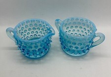 Vintage Fenton blue opalescent hobnail glass mini creamer Sugar