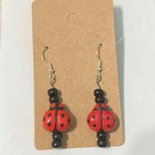 Women's Novelty Fashion Slip On Ladybug Dangle Drop Earrings Red Black Silver