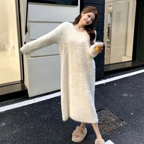 Warm Sweater Sleepshirts Plush Dress Maxi Dress Women V Neck Straight Pajamas - Imagen 13 de 16