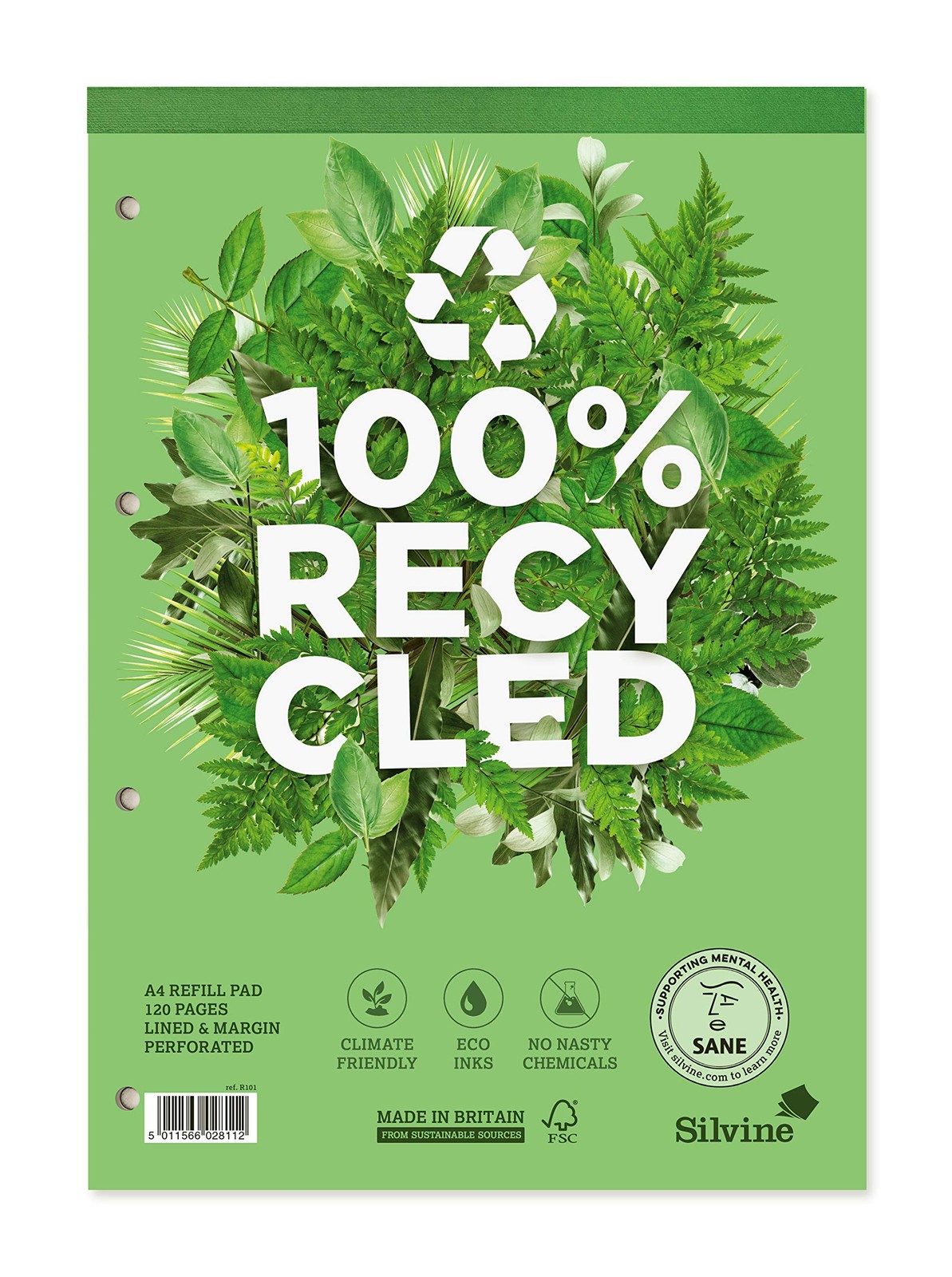Silvine 120 Page Premium Recycled Refill Pad A4. Ruled 8mm Single, White