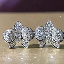 2Ct Round Cut Real Moissanite Womens Cluster Stud Earrings 14K White Gold Plated