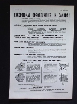Original 1955 Anzeige Canadair Limited Flugzeugbau Jobs
