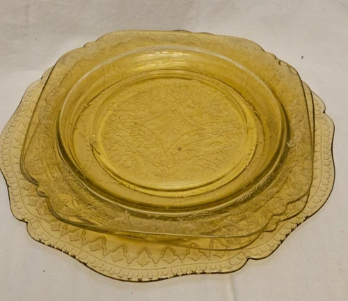 3 vintage Federal Madrid  Amber yellow Depression Glass Dinner Serving Plates