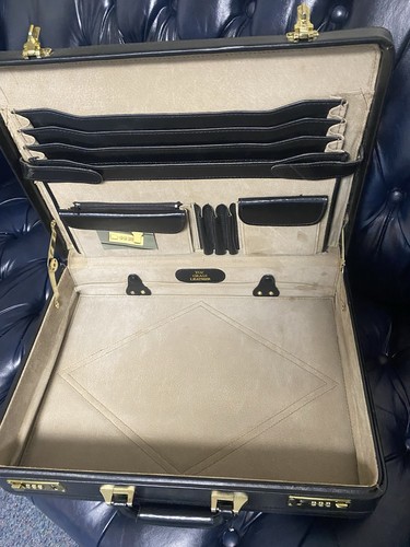 Leather BRIEFCASE Expandable Attaché LOCKING, BLACK