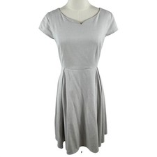 Gray Fit Flare Dress Womens M A Line Short Sleeve Quiet Luxury Minimalist V Neck