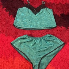 Vtg 80s Deena Camisole Satin Brocade Shorts Panties Set Green USA