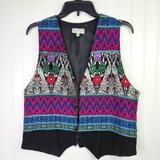 Guatemalan Woven Vest Womens Large Black Pink Floral Boho Tapestry Festive Artsy