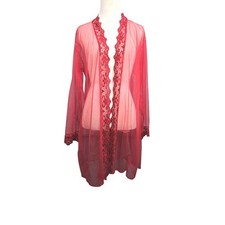 Frederick's of Hollywood Vtg Y2K Sheer Duster Red Short Peignoir Robe Lace M