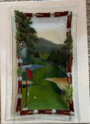 Golf Course Fused Glass Rectangular Dish Signed By  Peggy Karr 2003 9.5'' x 5.5''