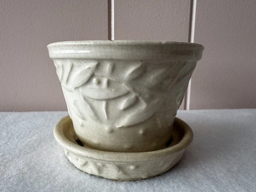 Vintage McCoy Pottery Hobnail Leaves and Berries Planter with Attached Saucer