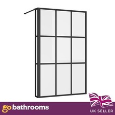 Image of Bath Shower Screen Black Grid Square Door Fixed 800mm Framed Safety Glass Panel
