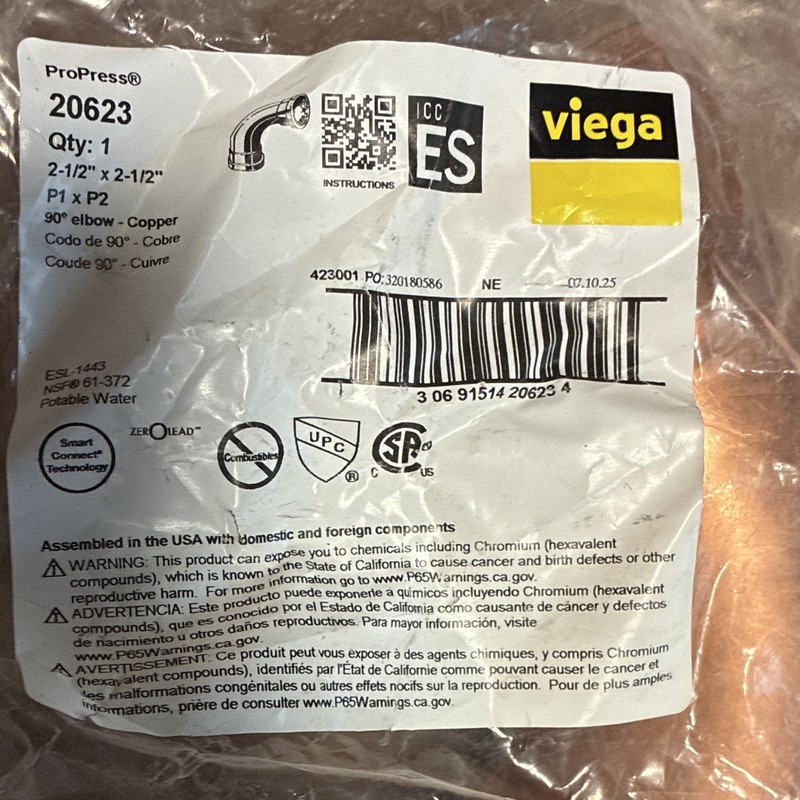 Viega ProPress Copper 90° Elbow 2-1/2 in Lead-Free MPN 20623 Qty 1