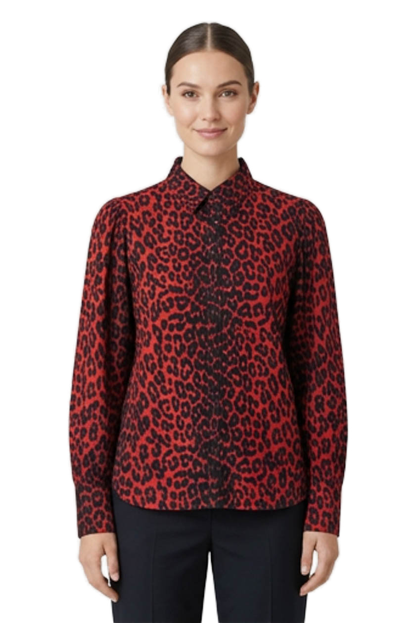 Ganni Womens Collared Leopard Cotton Button-Up Blouse Red Long Sleeve Size 42Free Shipping in US $100+ Orders | $6.95 Orders Below