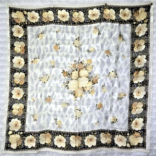 Christian Dior foulard beige en soie grand motif floral 85 cm x 88 cm pour femme