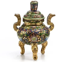 Chinese Cloisonné Tripod Censer w/ Lid 5.5x4"  3 Foo Dog Legs Ornate Enamel 330g