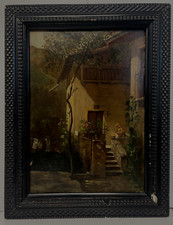 ANTICO DIPINTO OLIO SCENA VITA QUOTIDIANA DONNA che CUCE CORNICE GUILLOCHE '30