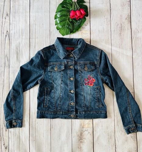 Arizona Girls Vintage 90s Embroidered Butterfly Floral Blue Denim Jacket Size L - Picture 6 of 11