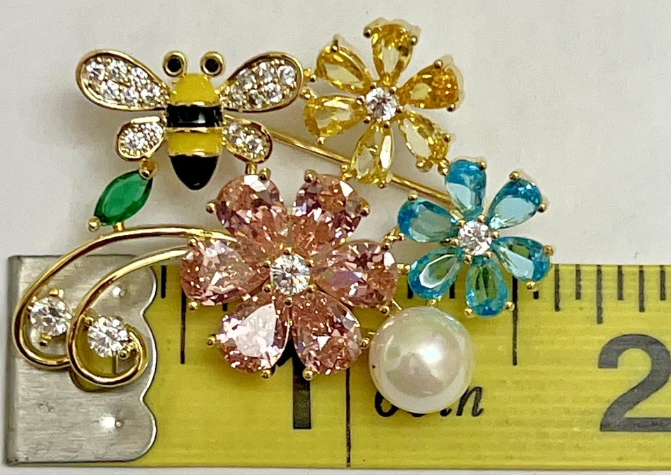 Broche prendedor de diamantes de imitación de cristal flor de abeja vidrio de insectos margarita amarillo transparente vintage Foto 2 de 4