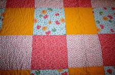 42" x 42" HANDMADE PATCHWORK LAP QUILT - YELLOW PINK SIGNED - MAKING A QUILT