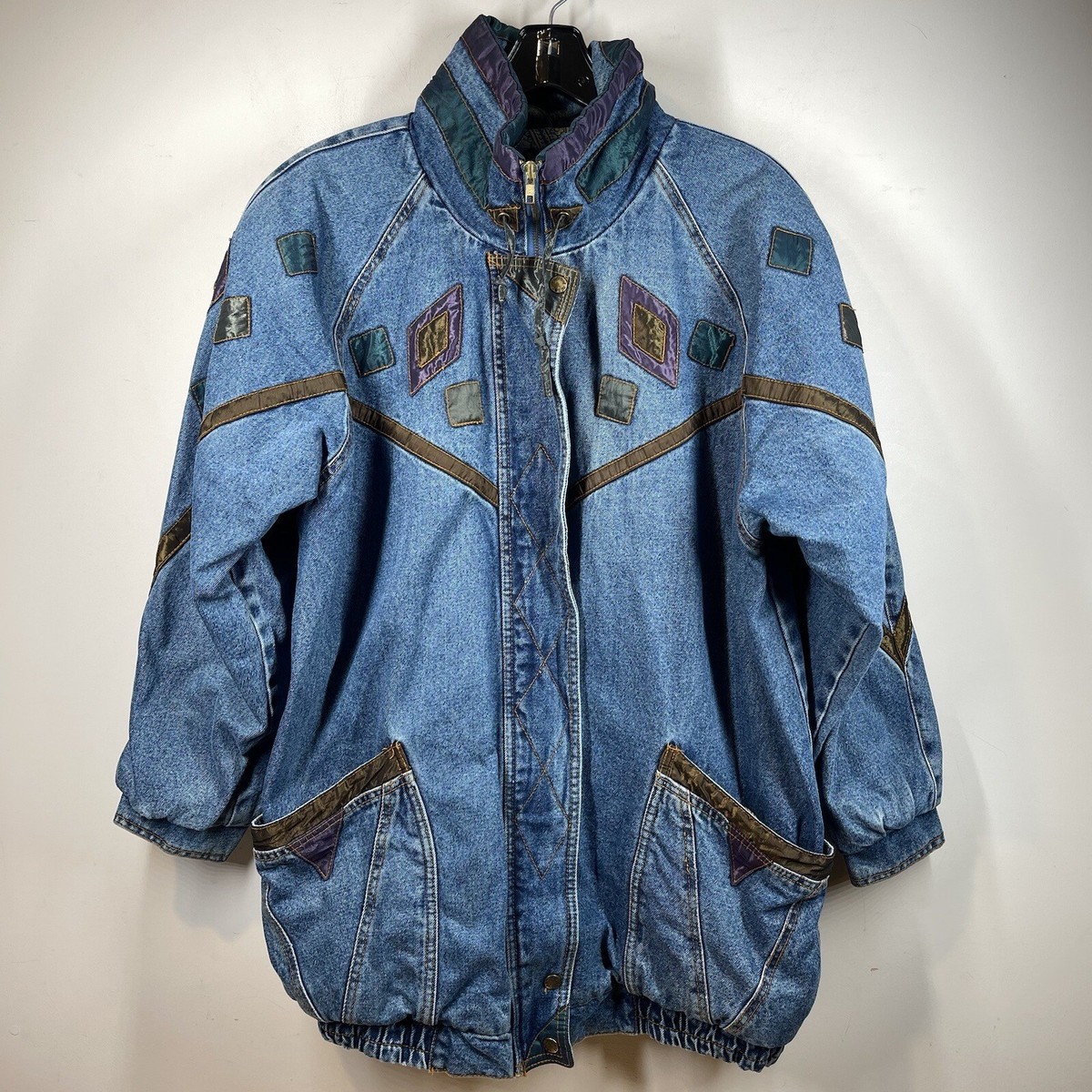 Current Seen Womans Patchwork Oversized Lined Denim Coat Jacket Sz L Btg 80s Current Seen Womans Patchwork Oversized Lined Denim Coat Jacket Sz L Btg 80s