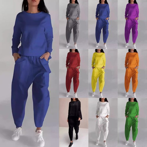 2PCS Women Round Neck Long Sleeve Tops Solid Sweatshirt Casual Pants Set Outfit