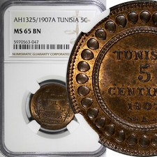 Tunezja Brąz AH1325//1907 A 5 centymów NGC MS65 BN TOP GRADED KM# 235 (047)