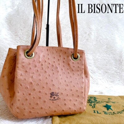 IL BISONTE Ostrich Embossed Leather Drawstring Shoulder Bag Pink