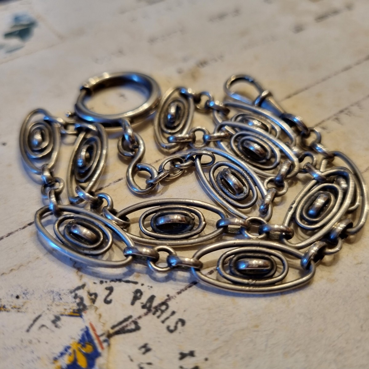 Chaîne De Montre En Argent Sterling XIXe Siècle - Poinçon Sanglier, Maille 20x8mm, Longueur 38.5cm - Vintage