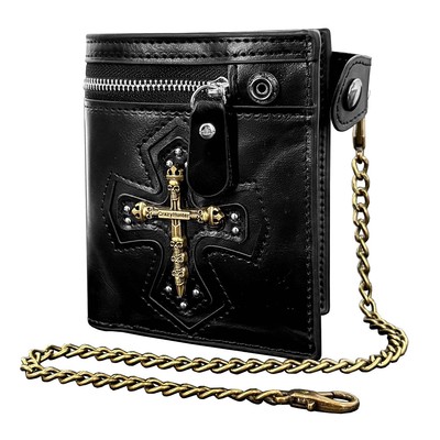 Mens Steampunk Cross Skull Clasp Wallet with Retro Biker Chain