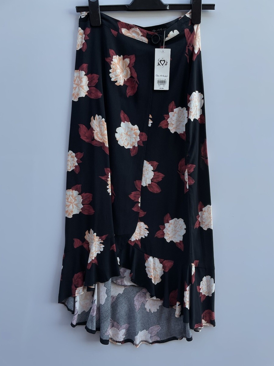 Miss Selfridge Black Multi Floral Ruffle Wrap Over Midi Skirt Size