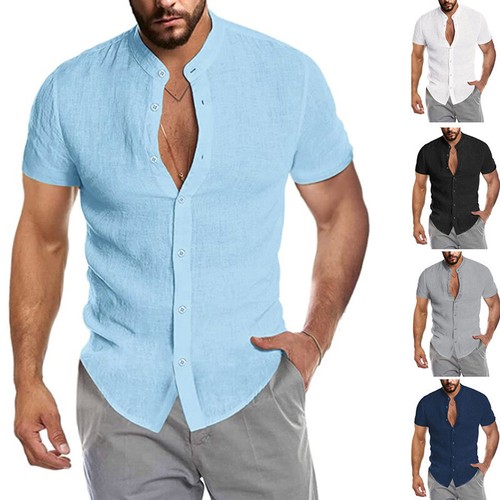 mens short sleeve collarless dress shirts