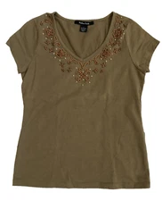 Madison Studio Size L Olive Green Beaded Short Sleeve Top Stretch Knit Women's