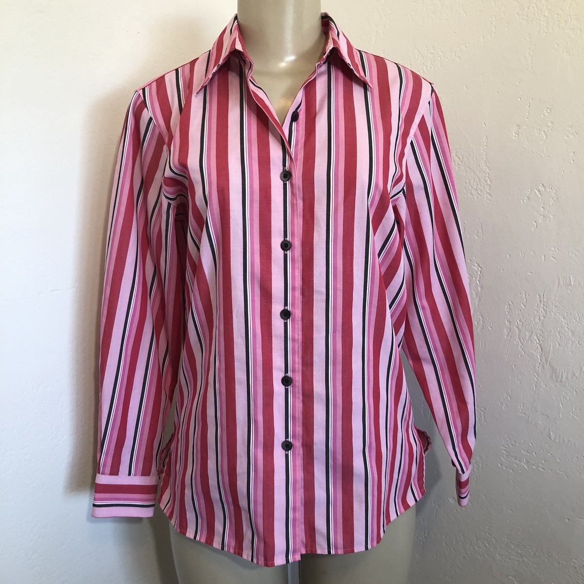 Foxcroft 4P Shirt Pink Black Stripe Long Sleeve Wrinkle Free