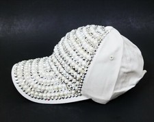 NEW WHITE CANVAS SHINY CRYSTAL CUT GLITZ STUDS,PEARL LADY'S BASEBALL HAT,CAP