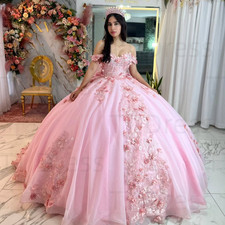 Princess Quinceanera Dresses with 3D Flowers Birthday Party Pink Ball Gowns