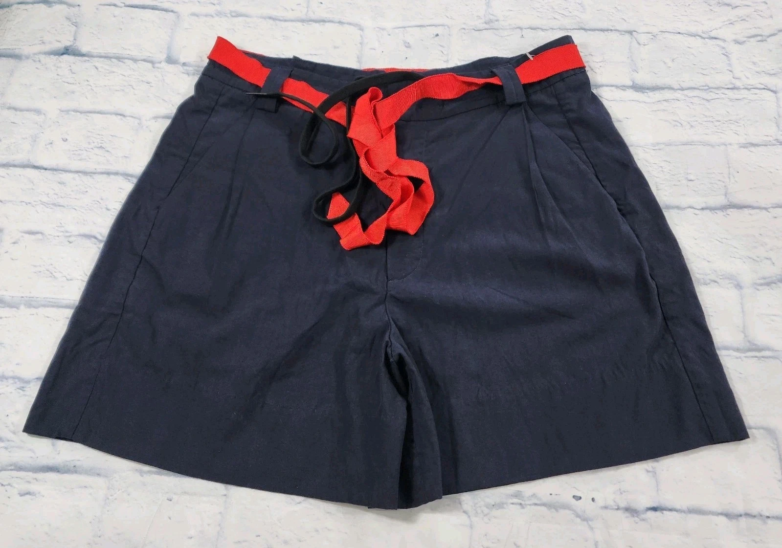 Free People WOMENS SZ 10 Perfect Prep Pleated Navy Blue Drawstring Belted Shorts