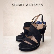 Stuart Weitzman Hester Platform Sandals Black Suede Open Toe Slingback Heels 10M