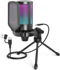 Gaming USB Microphone for PC PS5, Condenser Mic with Quick Mute, RGB Indicator,