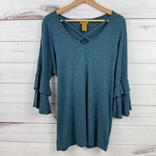 Wrangler Criss Cross V Neck Top Blue Ruffle Sleeve 3/4 Top L