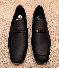 GUESS Hendo Men's Dress Loafers Black Logo Saffiano Square Toe Slip On Shoes 13