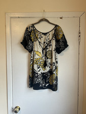 Karen Kane Black White Yellow Floral 100% Silk Blouse Scoop Neck Size XL