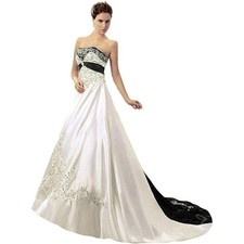 Wedding Dress Black White ALine Strapless Long Satin Gothic BrideGown Customized