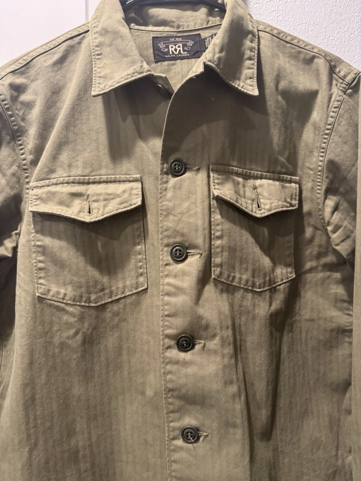 RRL Ralph Lauren Green Cotton Twill Military Jacket Shirt Pockets Size S - product detail image 9
