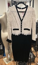 Oscar de la Renta Black and White Lace-Trim Long Sleeve Dress