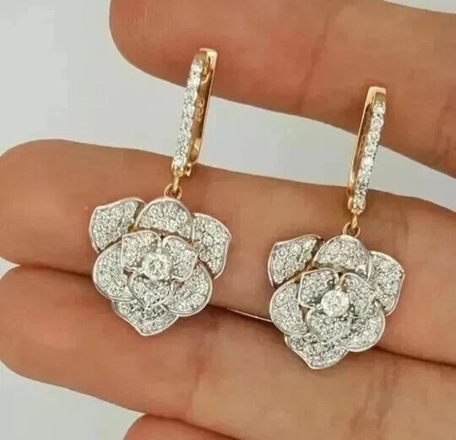 2CT Round Cut Moissanite Diamond Art Deco Dangle Earrings 14K Yellow Gold Plated - Picture 5 of 10